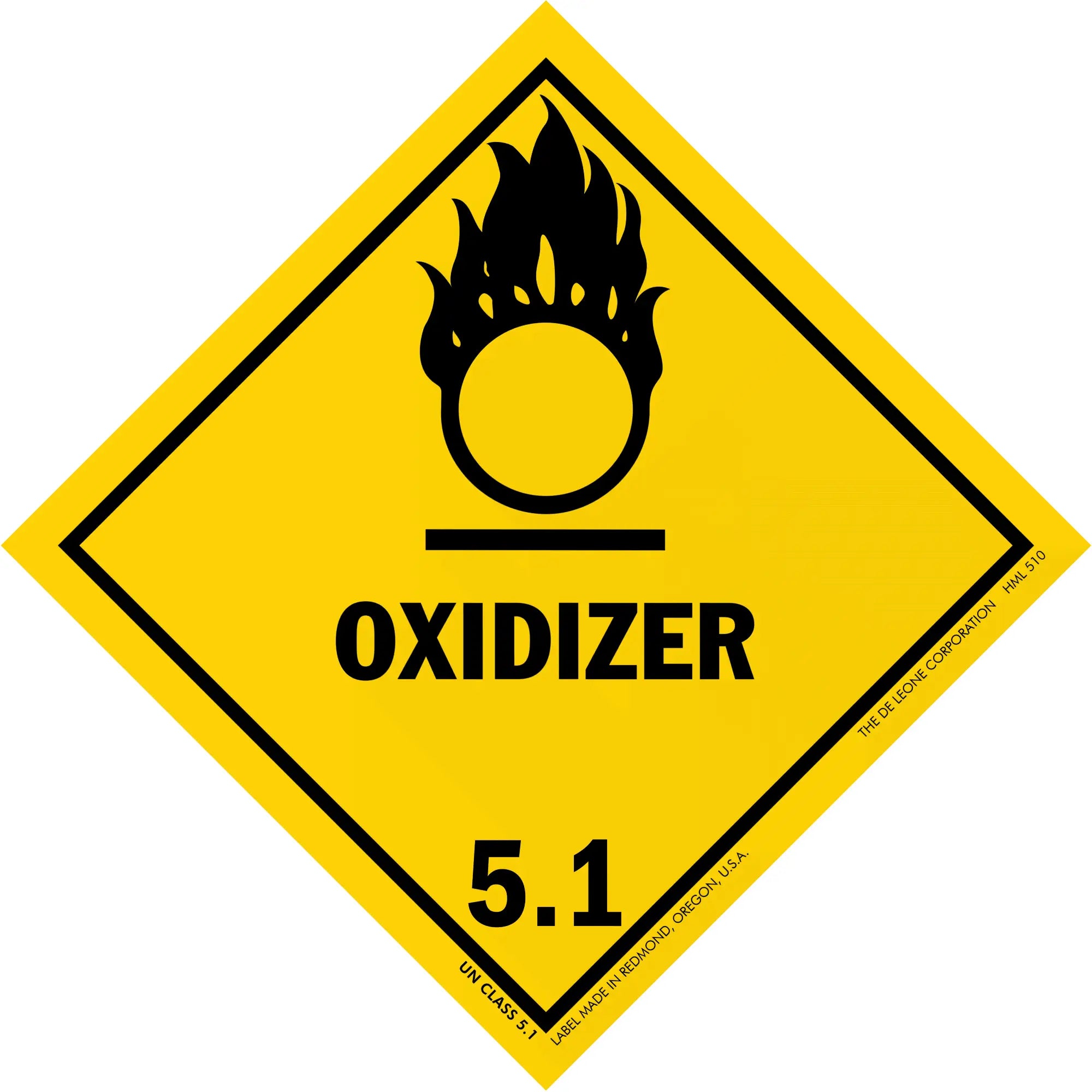 Yellow diamond-shaped warning sign displaying the word ’OXIDIZER’ with a flame symbol and number 5.1.