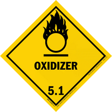 Yellow diamond-shaped warning sign displaying the word ’OXIDIZER’ with a flame symbol and number 5.1.