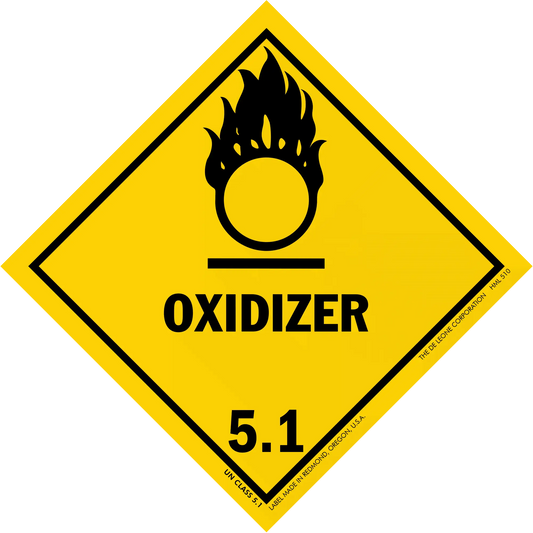 Yellow diamond-shaped warning sign displaying the word ’OXIDIZER’ with a flame symbol and number 5.1.