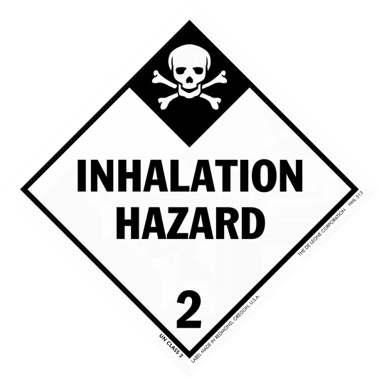 Black and white diamond-shaped warning sign displaying ’INHALATION HAZARD 2’’ with a skull and crossbones symbol.