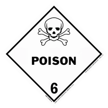 Diamond-shaped hazard warning sign featuring a skull and crossbones symbol with ’POISON’ text and number 6.