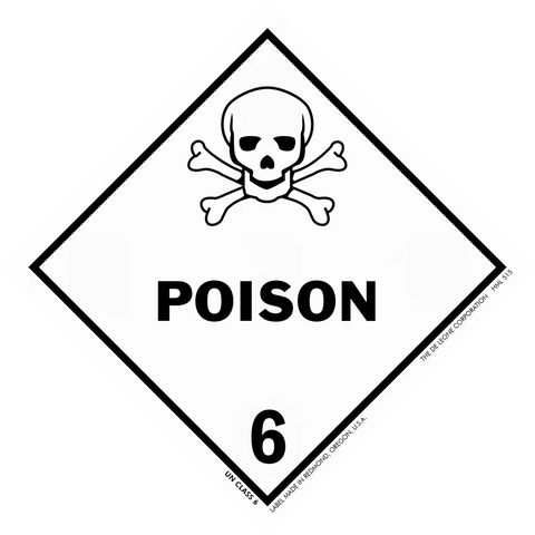 Diamond-shaped hazard warning sign featuring a skull and crossbones symbol with ’POISON’ text and number 6.