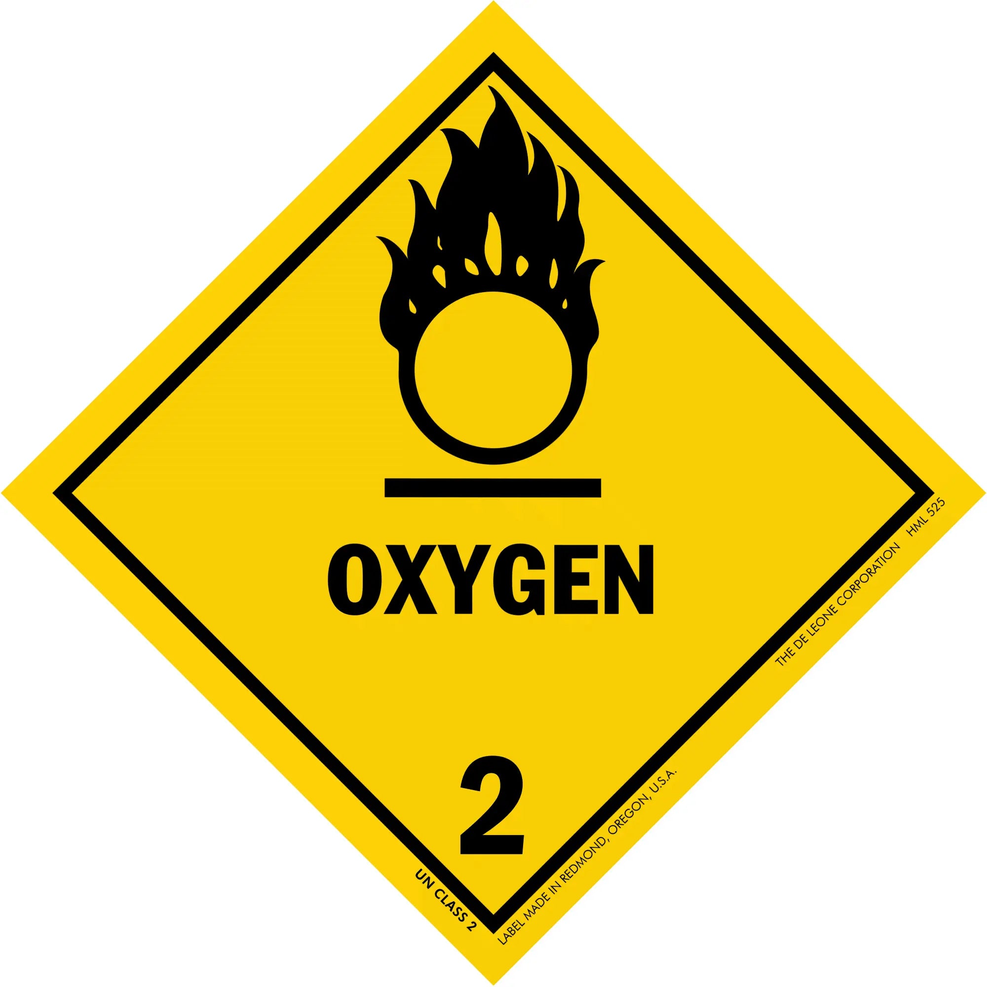 Yellow diamond-shaped warning sign for oxygen with hazard class 2 symbol showing a black flame above a circle.