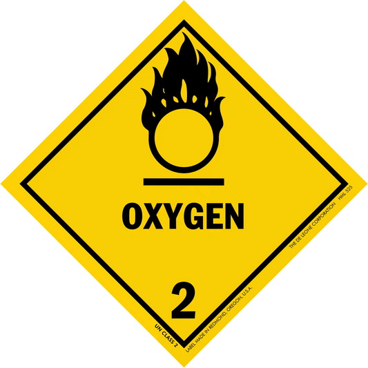 Yellow diamond-shaped warning sign for oxygen with hazard class 2 symbol showing a black flame above a circle.