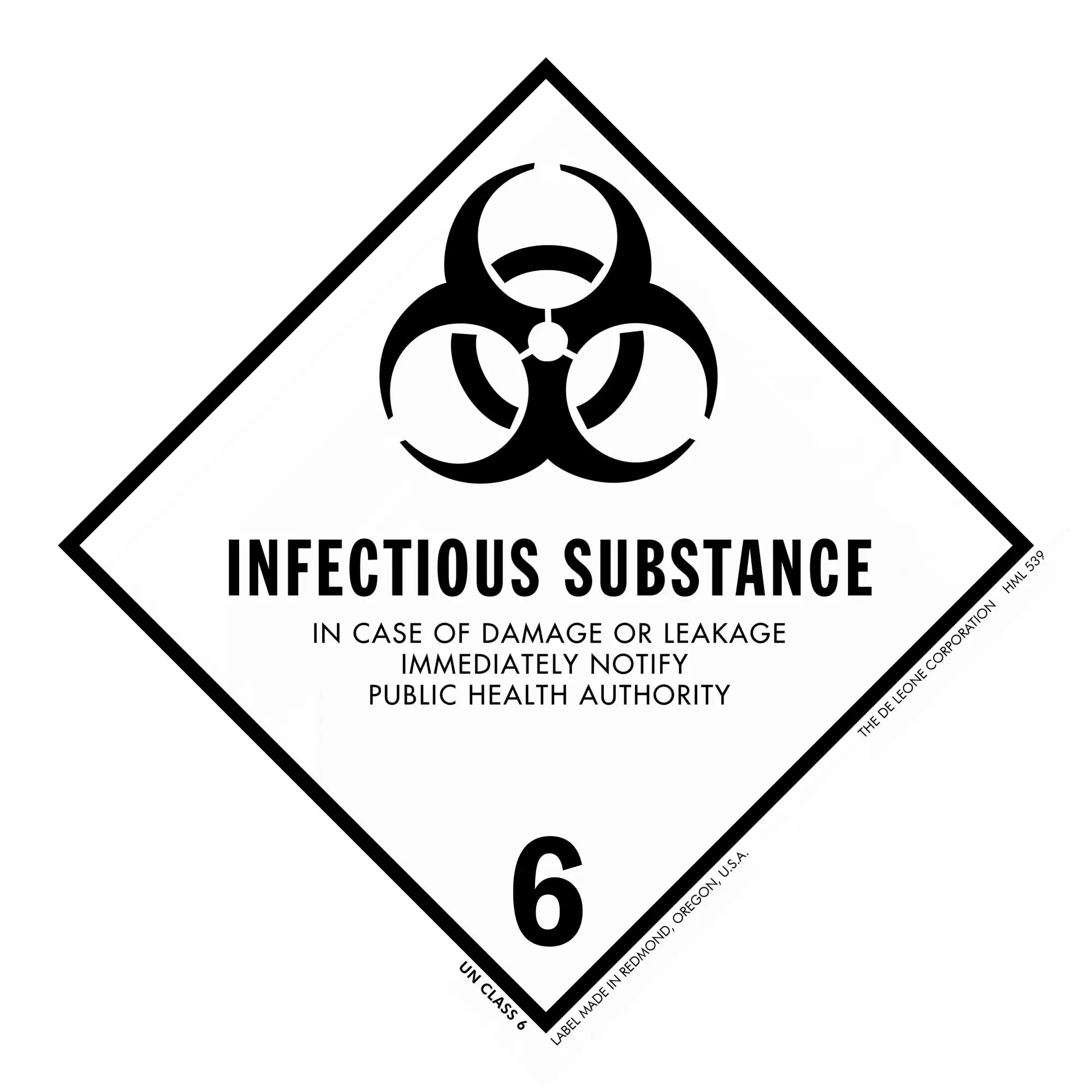 Warning sign for infectious substances with a biohazard symbol and the number 6.