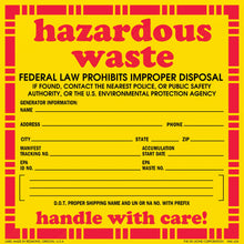 Yellow and red hazardous waste warning label with blank spaces for shipping information.