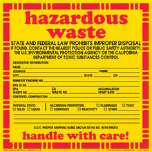 Yellow and red hazardous waste warning label with blank fields for tracking information.