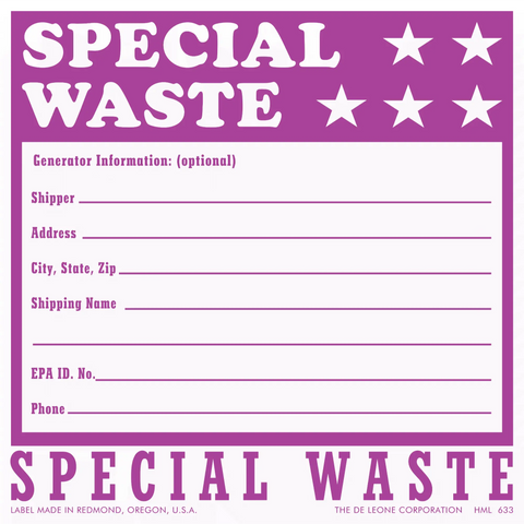 Purple and white special waste label with generator information fields and decorative stars.