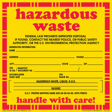 Yellow and red hazardous waste warning label with blank information fields.