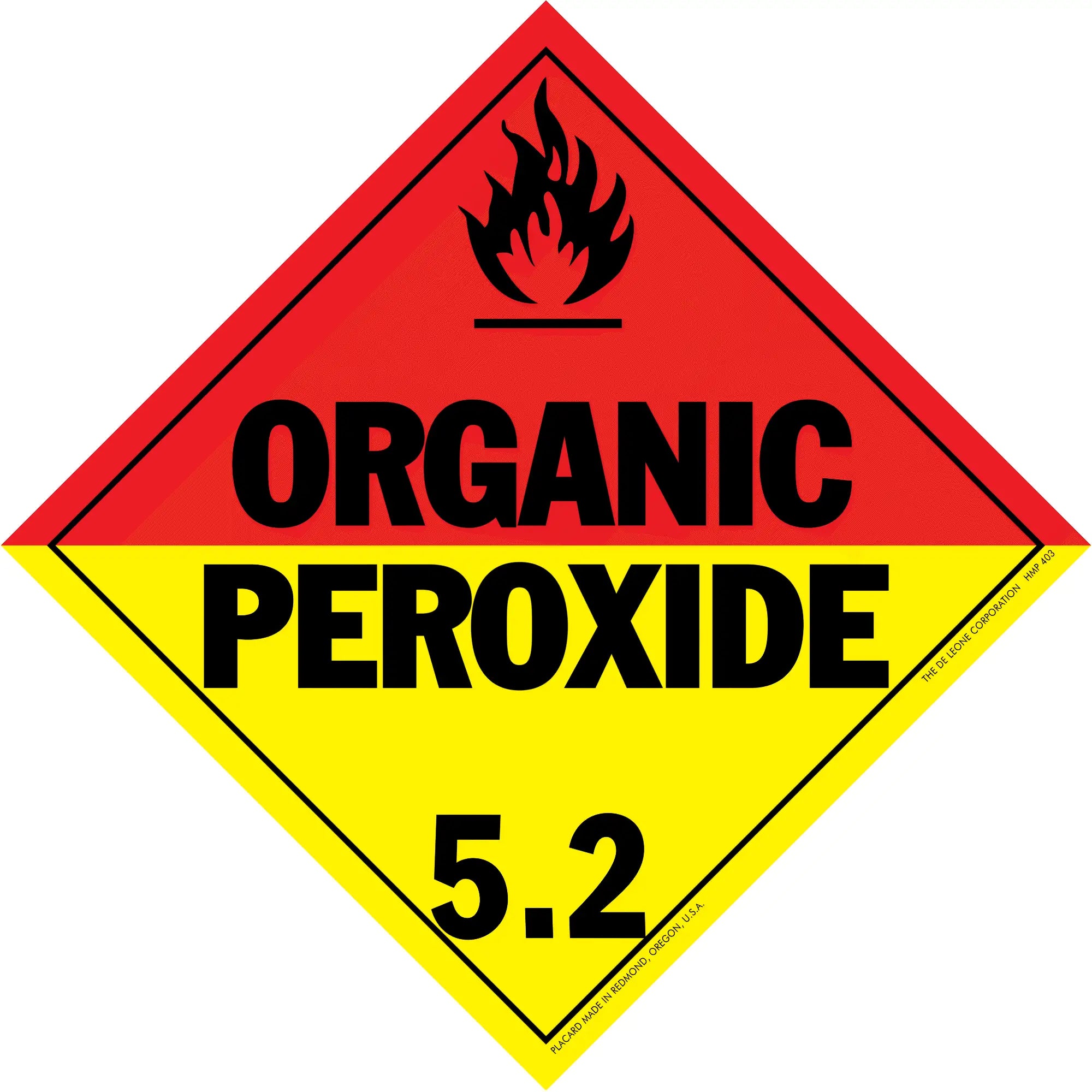 Diamond-shaped hazard warning sign for organic peroxide with class number 5.2.