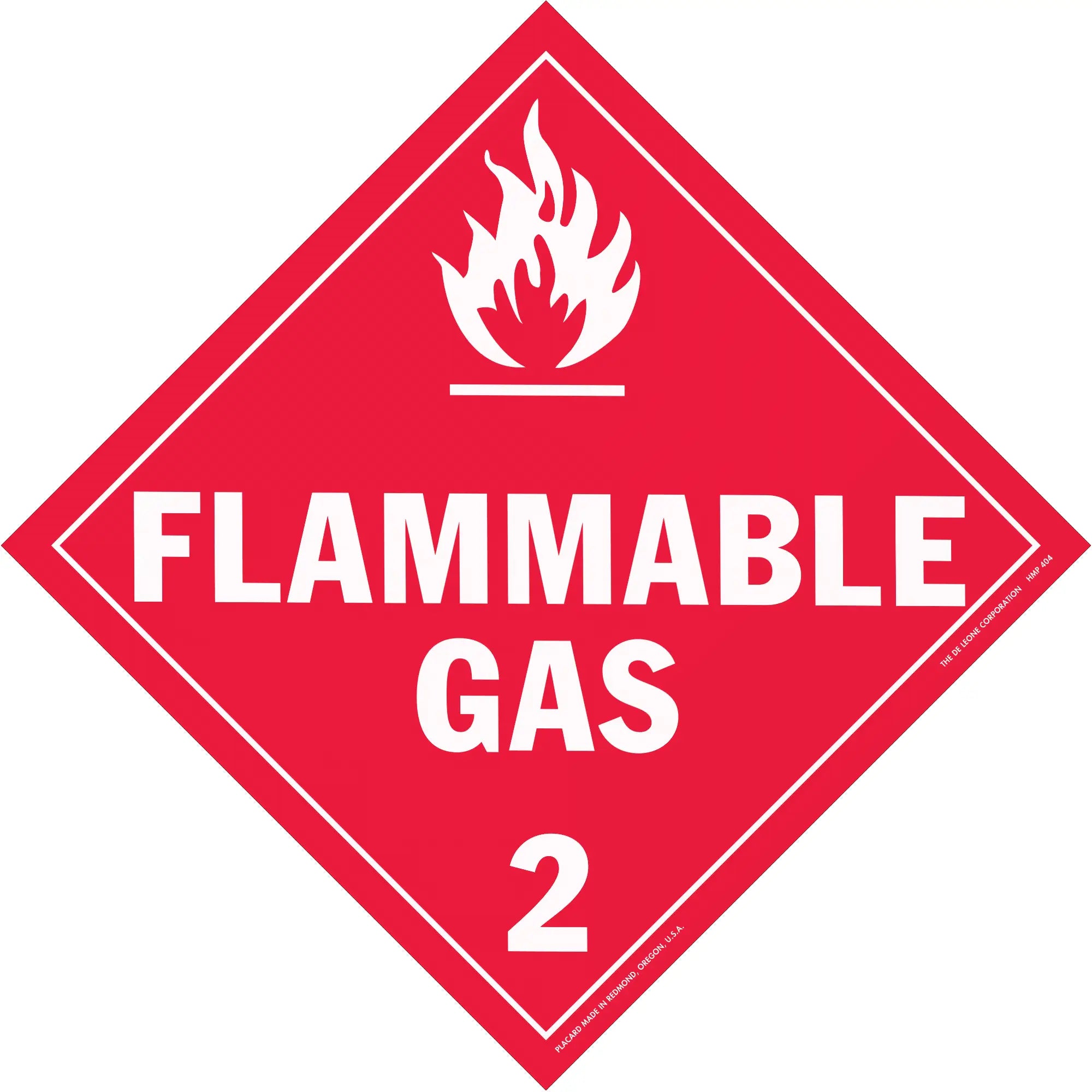 Red diamond-shaped warning sign for flammable gas with flame symbol and number 2.
