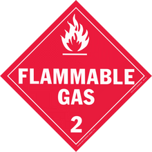 Red diamond-shaped warning sign for flammable gas with flame symbol and number 2.