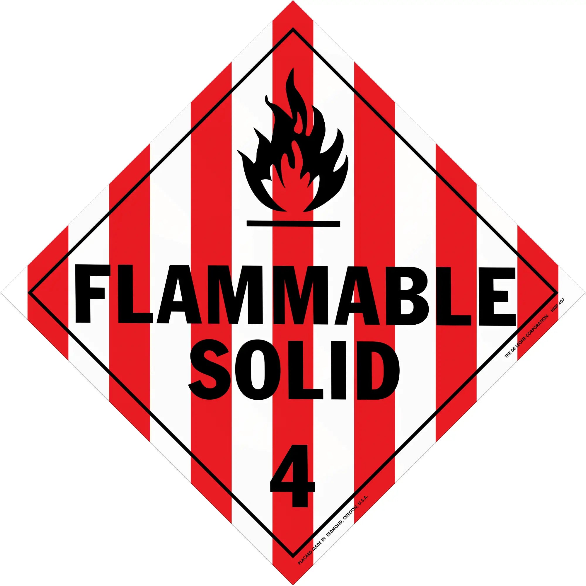 Warning sign with red and white stripes showing ’FLAMMABLE SOLID 4’’ and a flame symbol.