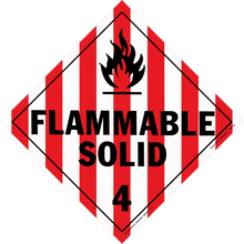 Warning sign with red and white stripes showing ’FLAMMABLE SOLID 4’’ and a flame symbol.