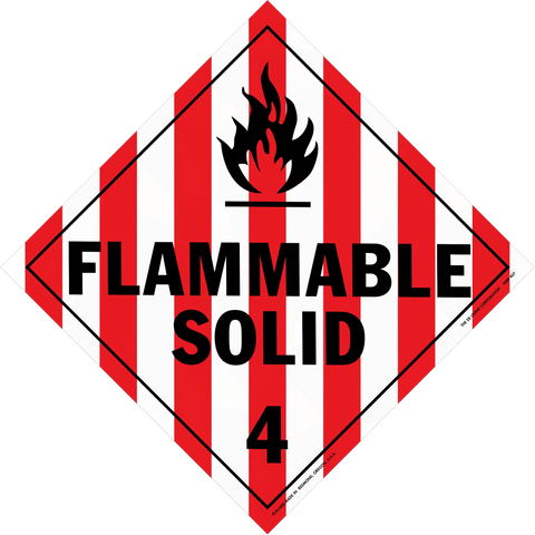 Warning sign with red and white stripes showing ’FLAMMABLE SOLID 4’’ and a flame symbol.