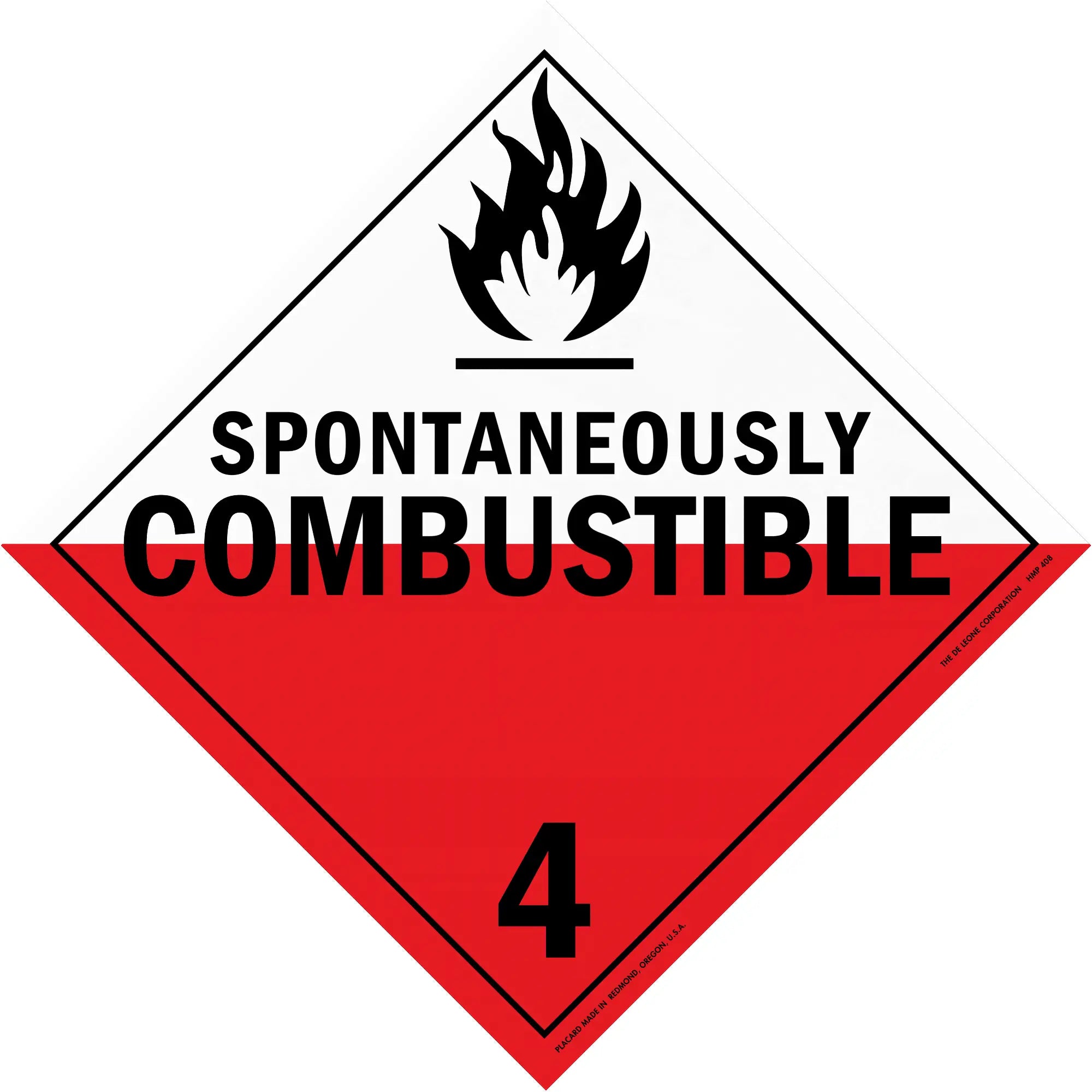 Warning sign for spontaneously combustible materials with hazard class 4 designation.