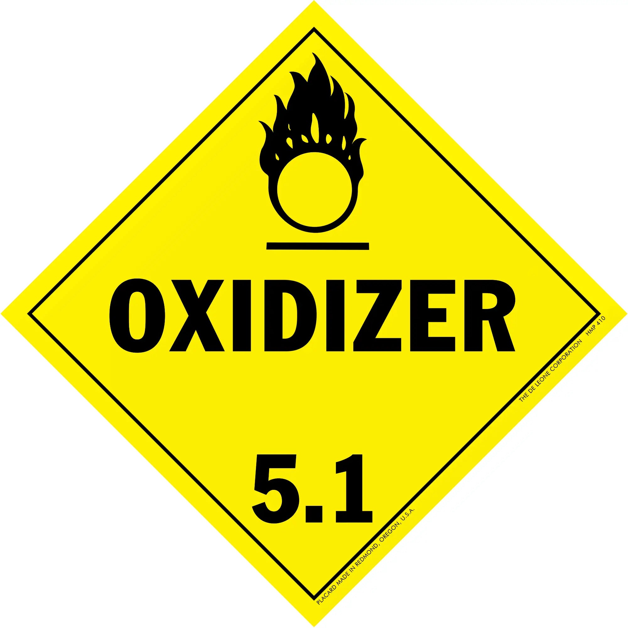 Yellow diamond-shaped hazard warning sign for oxidizing materials labeled ’OXIDIZER 5.1’’ with a flame symbol.