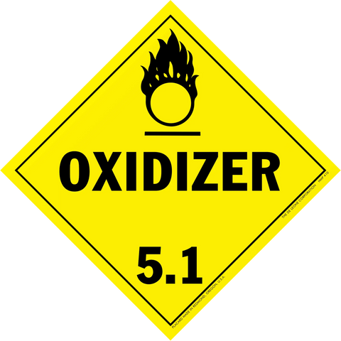 Yellow diamond-shaped hazard warning sign for oxidizing materials labeled ’OXIDIZER 5.1’’ with a flame symbol.