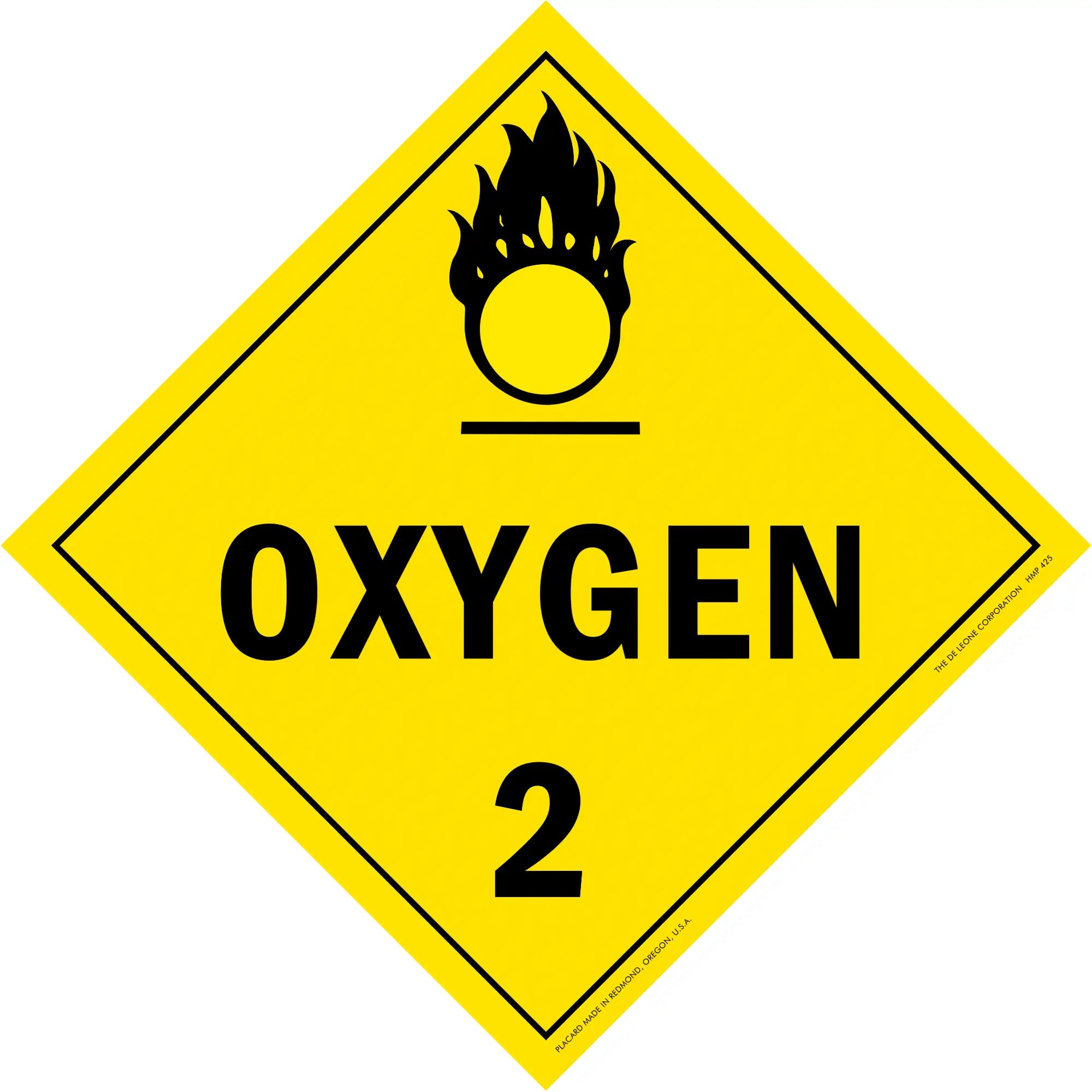 Yellow diamond-shaped hazard warning sign for oxygen with the number 2 and flame symbol.