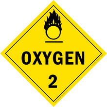 Yellow diamond-shaped hazard warning sign for oxygen with the number 2 and flame symbol.