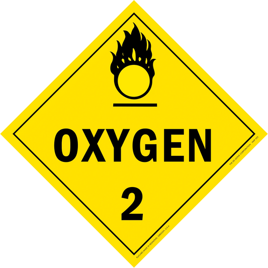 Yellow diamond-shaped hazard warning sign for oxygen with the number 2 and flame symbol.