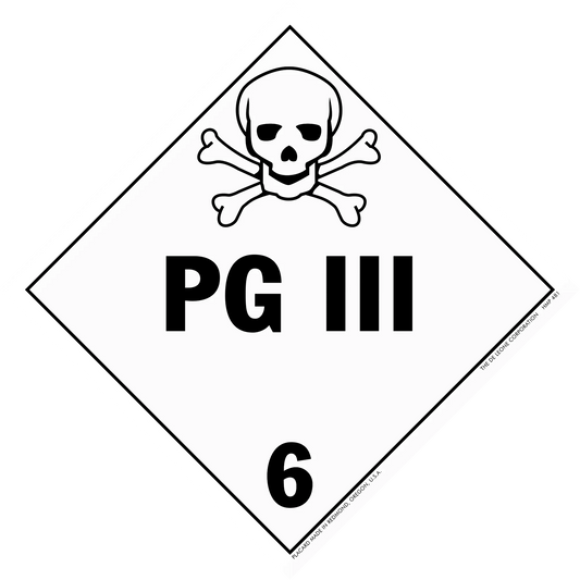 Warning sign with skull and crossbones symbol displaying ’PG III 6’’ text.