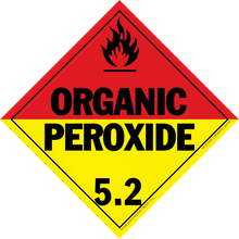 Diamond-shaped hazard warning sign for organic peroxide with class 5.2 designation.