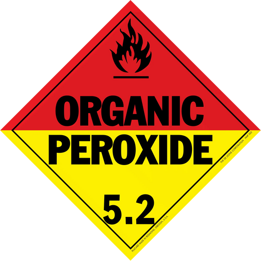 Diamond-shaped hazard warning sign for organic peroxide with class 5.2 designation.