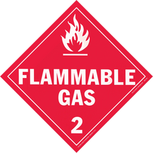 Red diamond-shaped warning sign displaying ’FLAMMABLE GAS 2’’ with a white flame symbol.