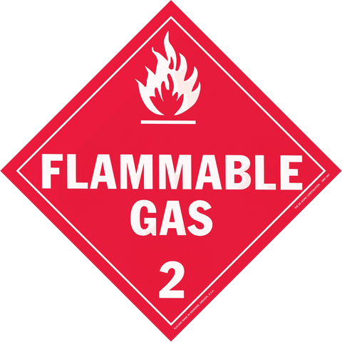 Red diamond-shaped warning sign displaying ’FLAMMABLE GAS 2’’ with a white flame symbol.