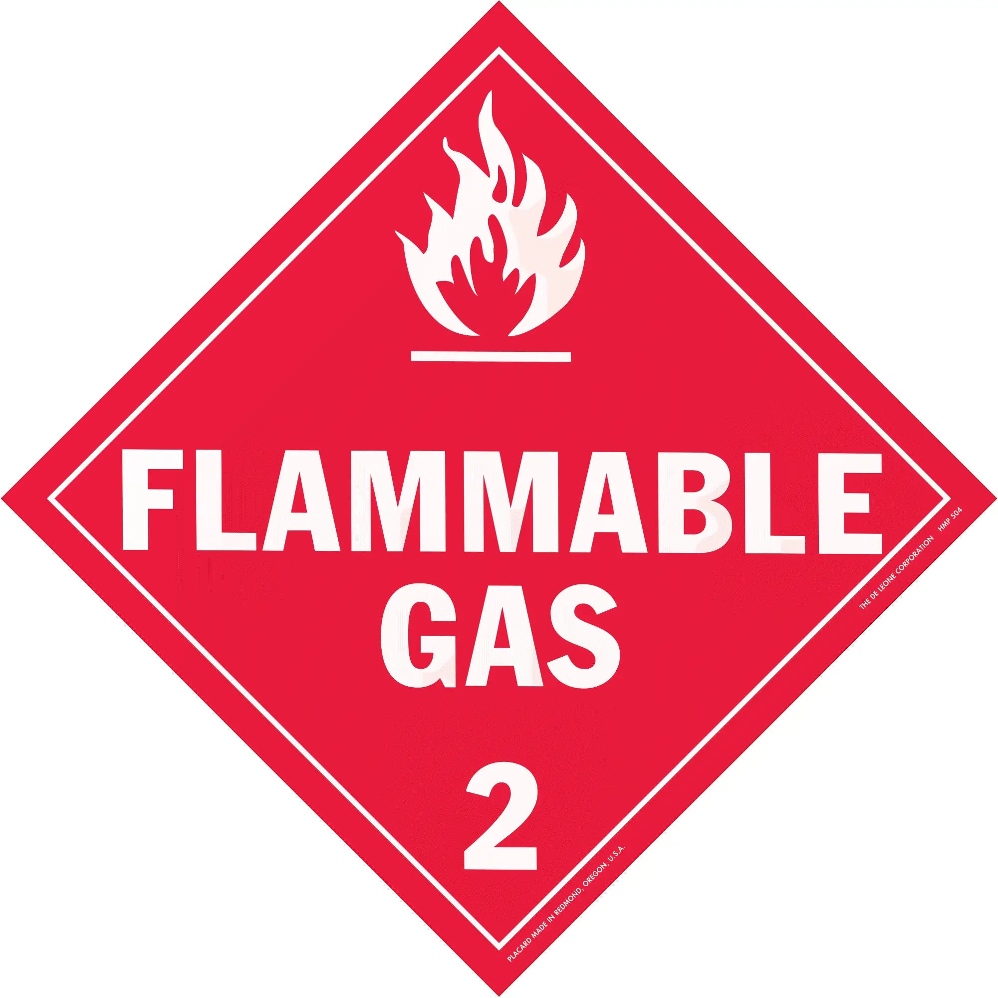 Red diamond-shaped warning sign displaying ’FLAMMABLE GAS 2’’ with a white flame symbol.