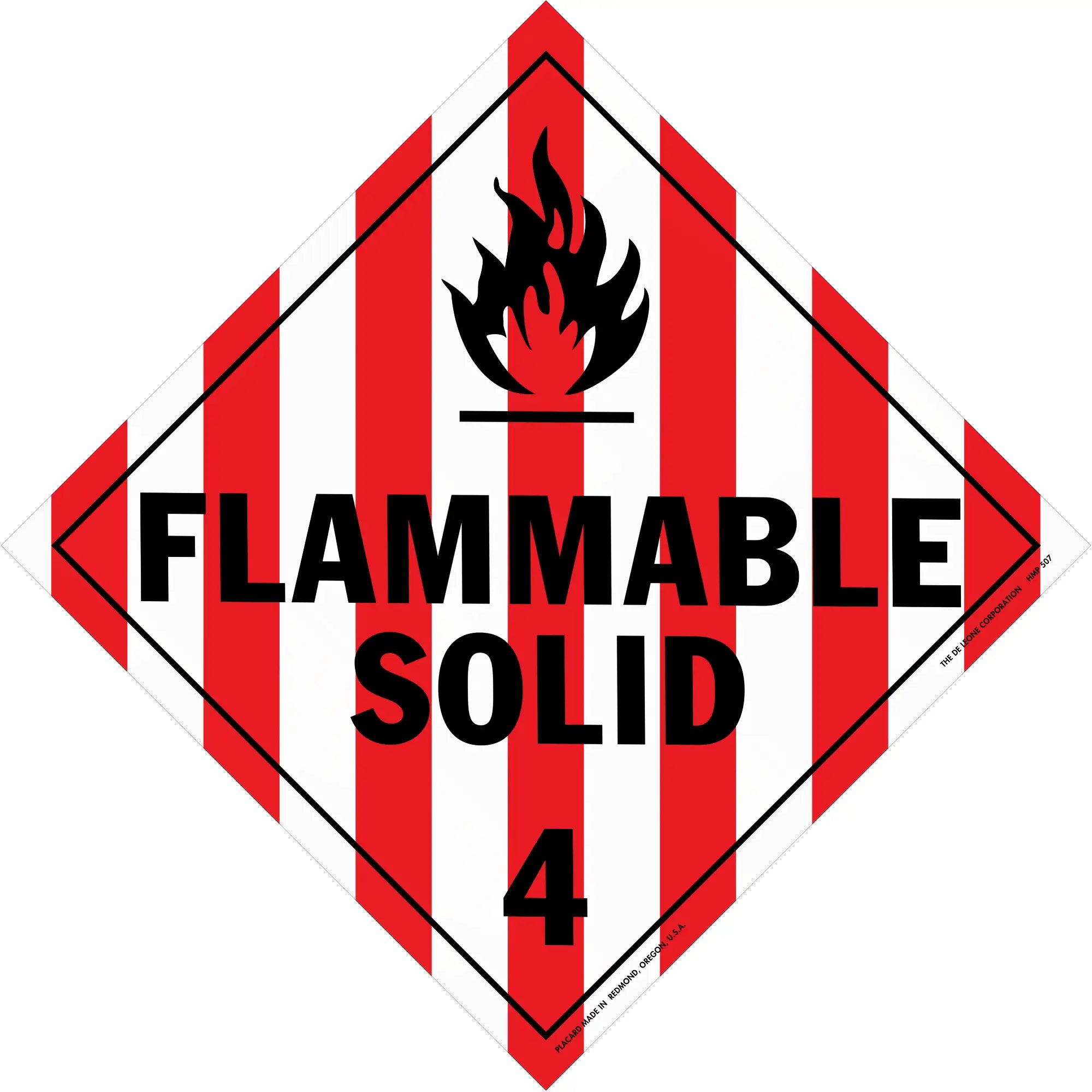 Hazard warning sign with red and white stripes showing ’FLAMMABLE SOLID 4’’ and a flame symbol.