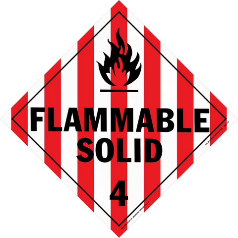 Hazard warning sign with red and white stripes showing ’FLAMMABLE SOLID 4’’ and a flame symbol.