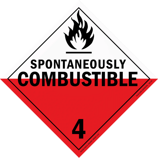 Warning sign for spontaneously combustible materials with hazard class 4 designation.