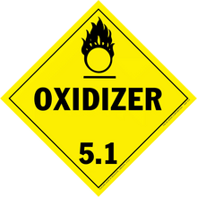 Yellow diamond-shaped warning sign displaying ’OXIDIZER 5.1’’ with a flame symbol above the text.