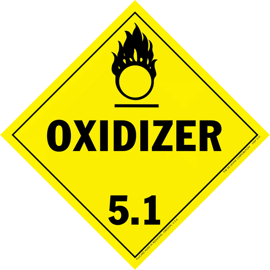 Yellow diamond-shaped warning sign displaying ’OXIDIZER 5.1’’ with a flame symbol above the text.