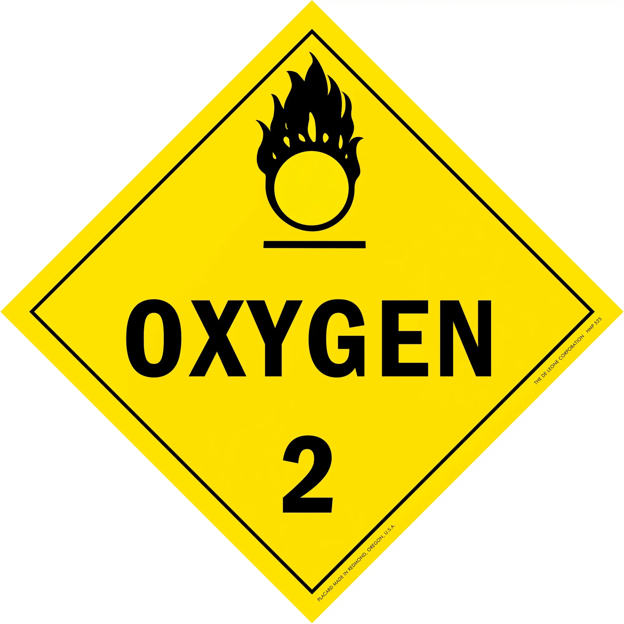 Yellow diamond-shaped hazard warning sign for oxygen with the number 2 and flame symbol.
