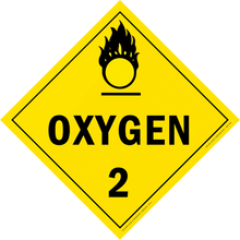 Yellow diamond-shaped hazard warning sign for oxygen with the number 2 and flame symbol.