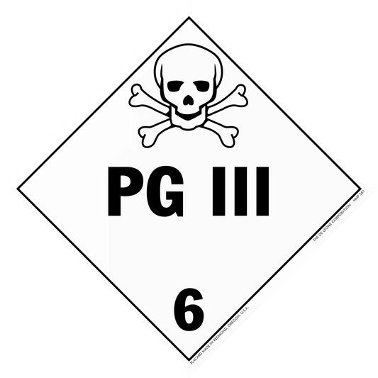 Warning sign with skull and crossbones symbol displaying ’PG III 6’’