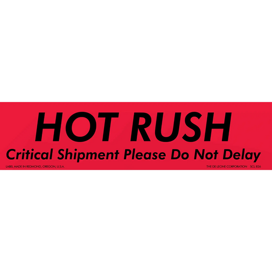 Red shipping label with black text reading ’HOT RUSH Critical Shipment Please Do Not Delay’