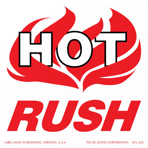 Red and white ’HOT RUSH’ logo with flame design.