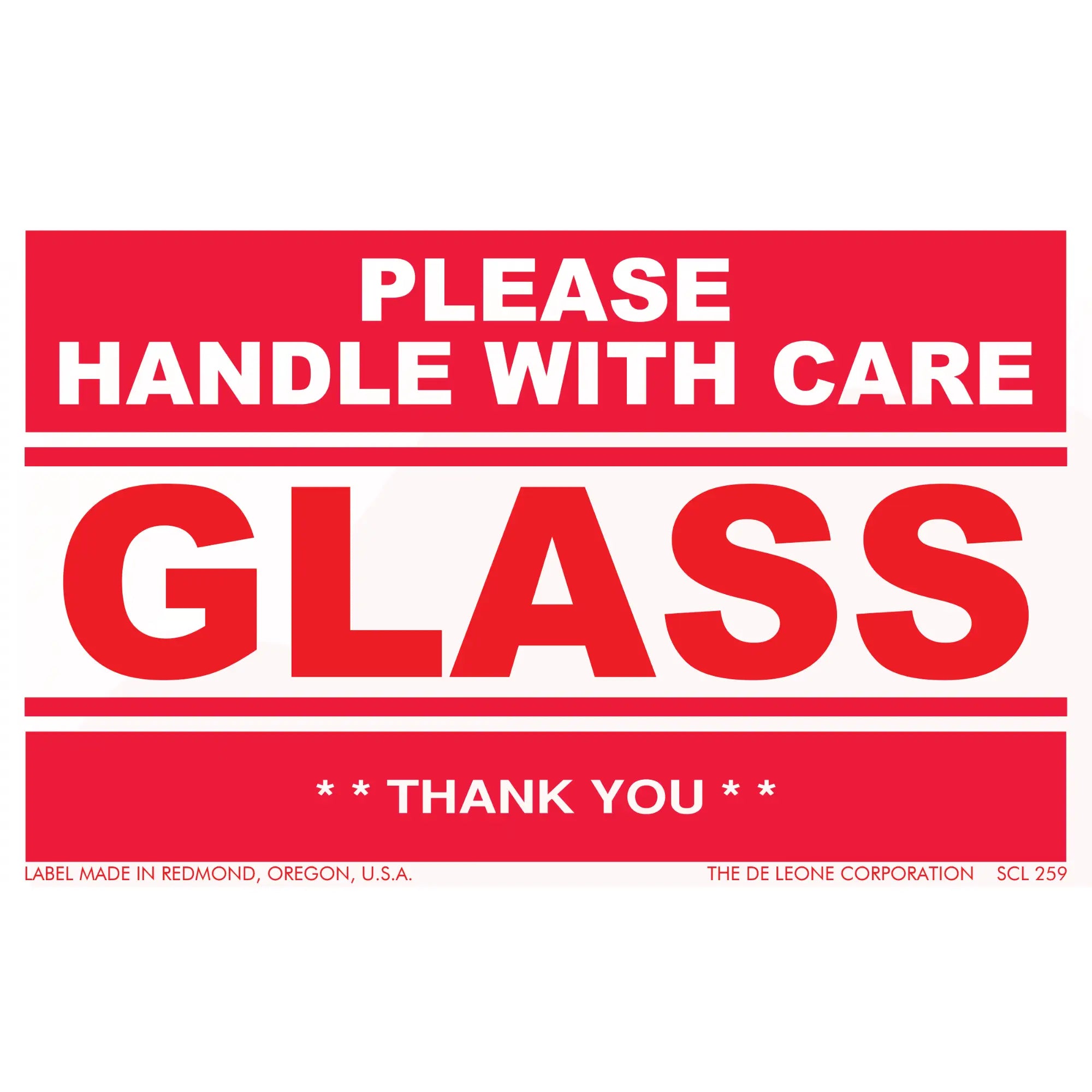 Red and white warning label for glass that reads ’PLEASE HANDLE WITH CARE’ and ’THANK YOU’