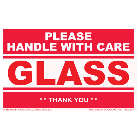 Red and white warning label for glass that reads ’PLEASE HANDLE WITH CARE’ and ’THANK YOU’