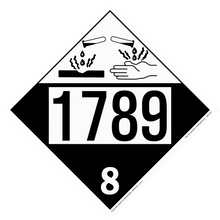 A hazardous materials placard displaying ’1789’’ and class 8 corrosive symbol with dripping liquid onto hands.