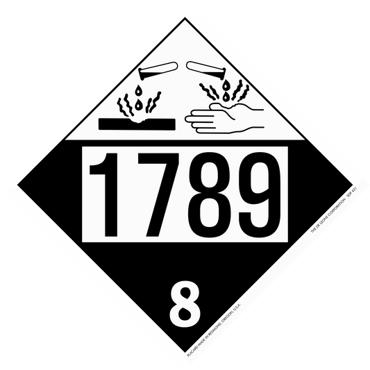 A hazardous materials placard displaying ’1789’’ and class 8 corrosive symbol with dripping liquid onto hands.