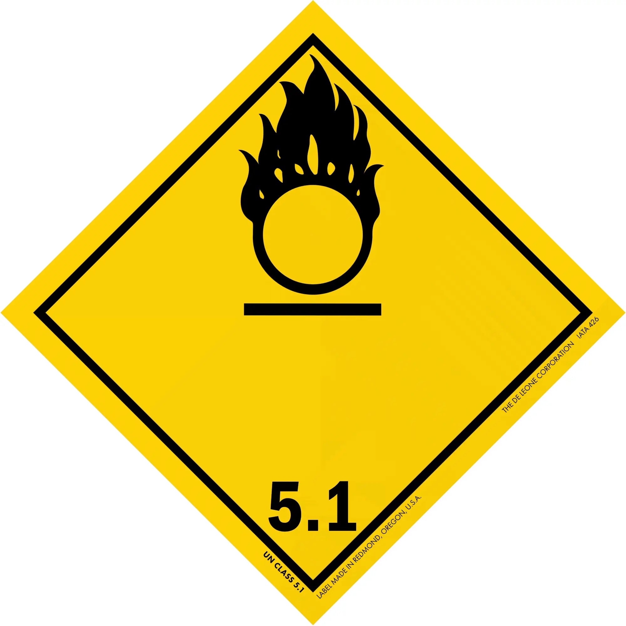 Yellow diamond-shaped hazard warning sign with a black oxidizing agent symbol (flame over circle) and number 5.1.