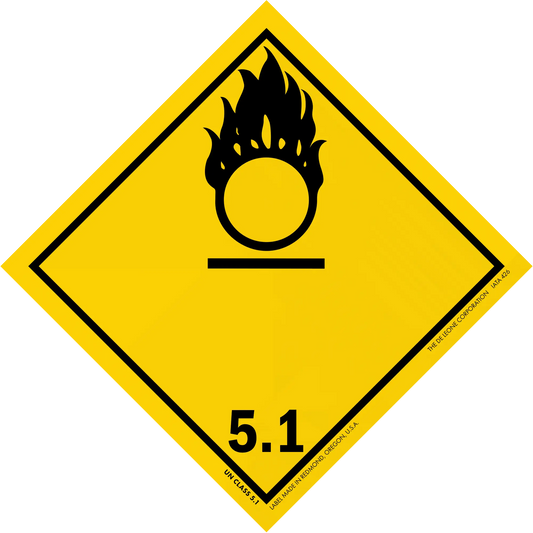 Yellow diamond-shaped hazard warning sign with a black oxidizing agent symbol (flame over circle) and number 5.1.