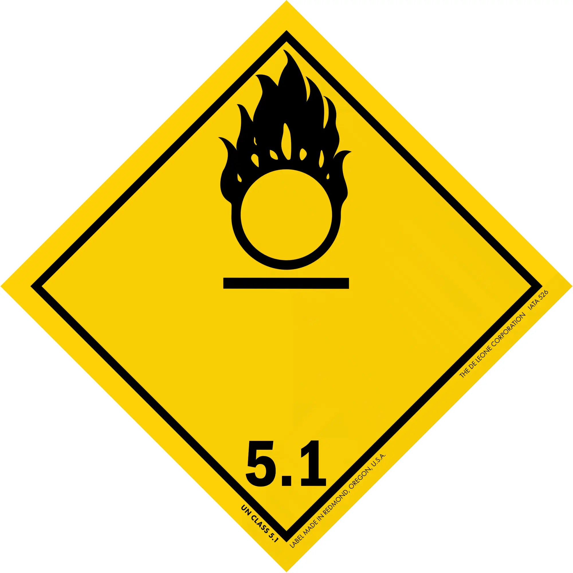 Yellow diamond-shaped hazard warning sign with a black oxidizing agent symbol (flame over circle) and number 5.1.