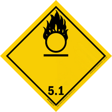 Yellow diamond-shaped hazard warning sign with a black oxidizing agent symbol (flame over circle) and number 5.1.