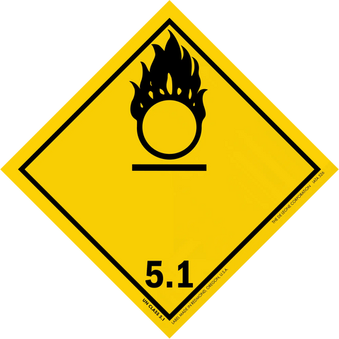 Yellow diamond-shaped hazard warning sign with a black oxidizing agent symbol (flame over circle) and number 5.1.